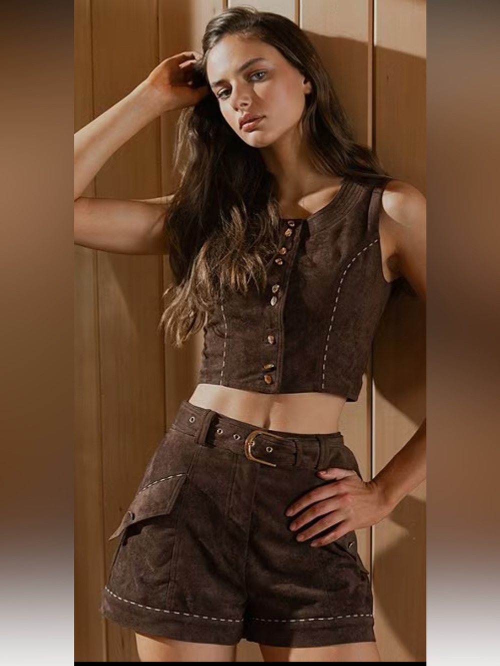 NWT🌷CIEBON Raegan Brown Faux Suede High Rise Cuffed Hem Belted Shorts